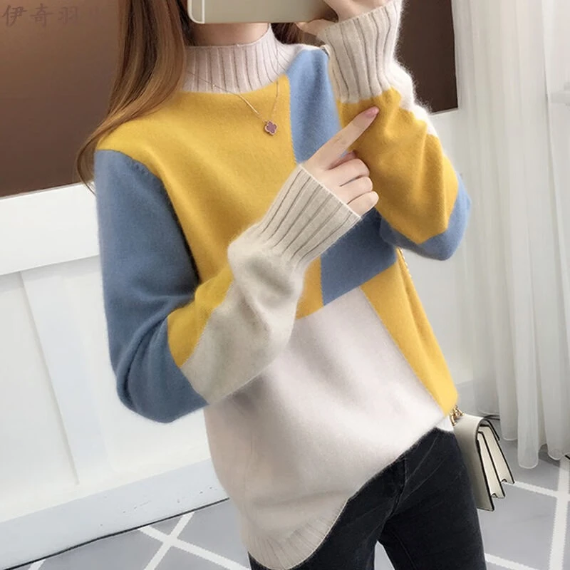 冬款女装新款纯打底衫毛衣2022新款秋冬季女装拼长袖厚针织衫