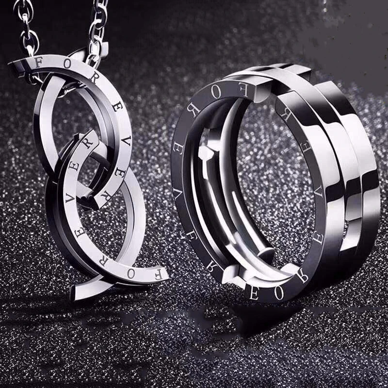 钛钢戒指 戒指男女情侣款个性亲吻鱼变形戒指项链男戒指吊坠两用