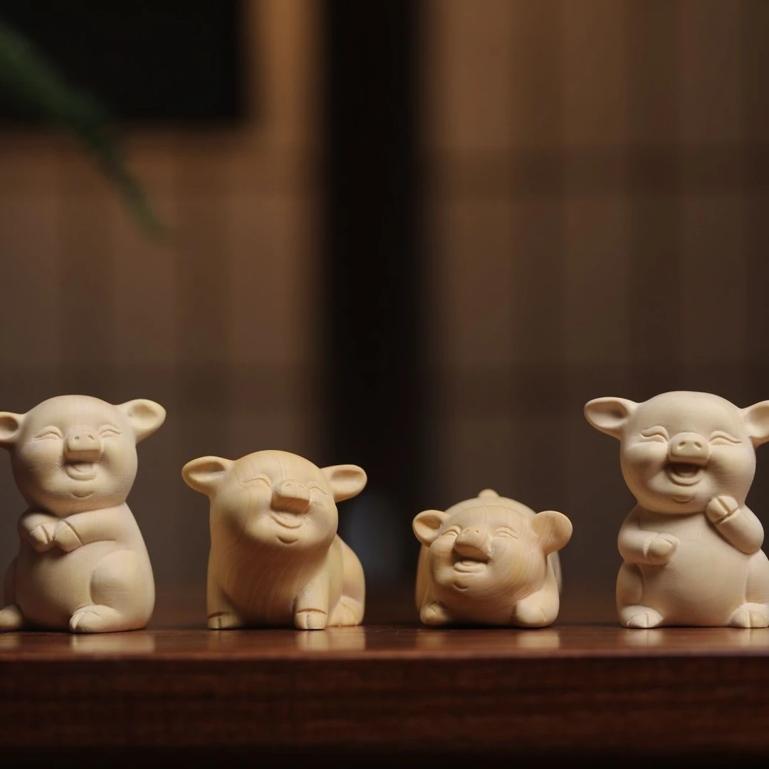 黄杨木雕可爱猪手把件家居家用摆件中国风送礼新中式装饰品实木质
