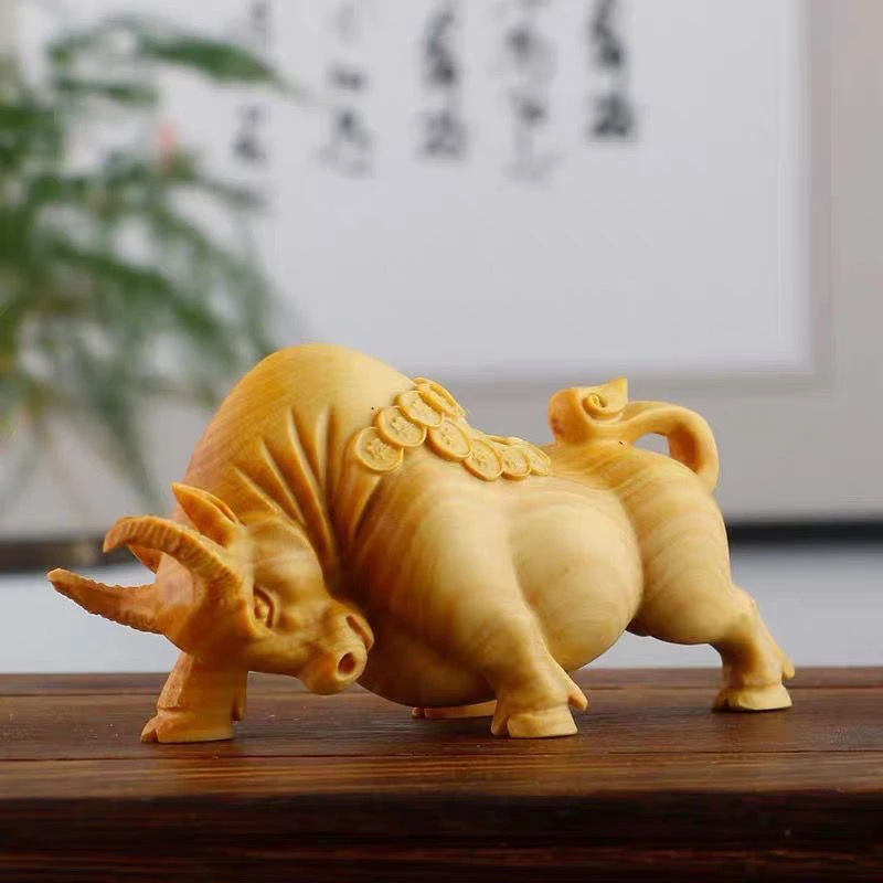 崖柏木雕汽车客厅茶宠装饰牛摆件华尔街牛气冲天实木雕刻手把玩