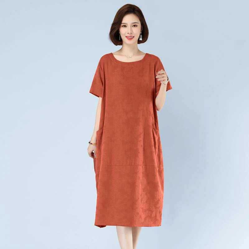 棉麻连衣裙女短袖夏装新款宽松大码休闲气质微胖妈妈薄中长款裙子