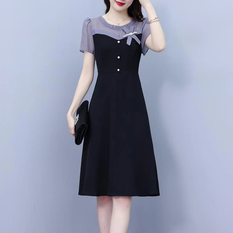 夏季新款假两件连衣裙女中年妈妈夏装气质洋气大码遮肚子减龄显瘦