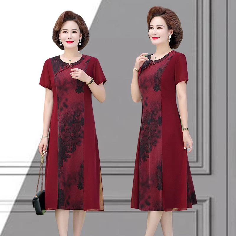 妈妈短袖连衣裙女夏新款喜婆婆洋气中老年婚宴气质高贵碎花旗袍裙