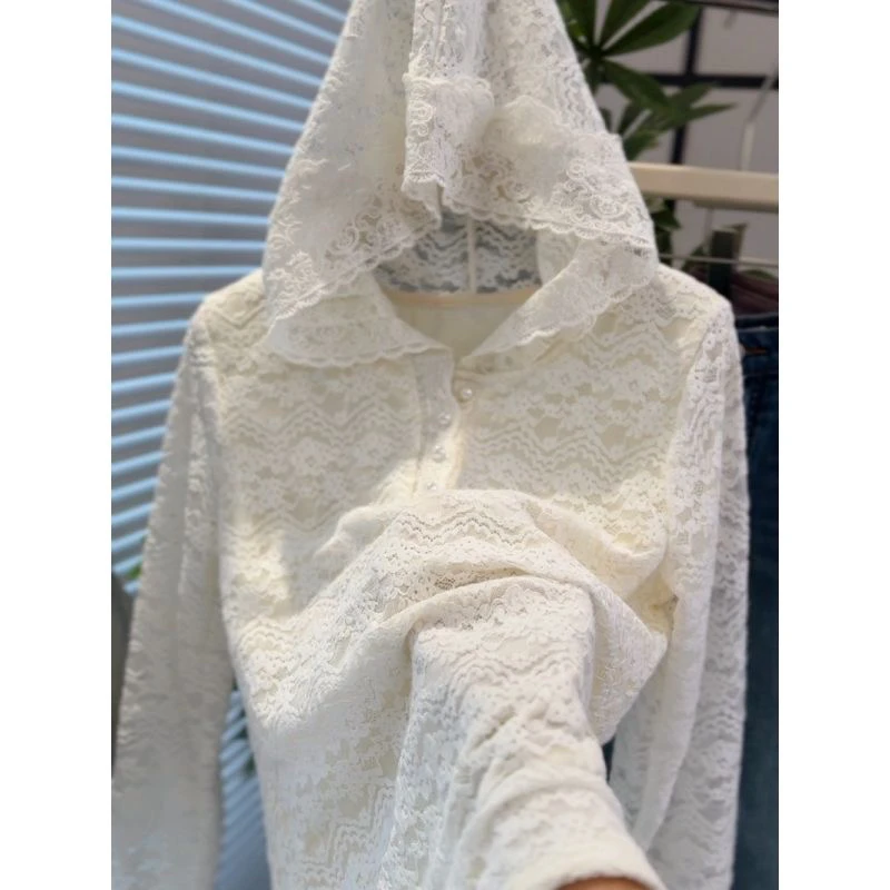 高级感拼接蕾丝花边连帽针织衫女2025新款时尚休闲叠穿加绒小帽衫