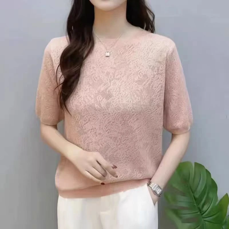 tonlion/唐狮纯色立体浮雕提花精纺镂空中袖针织衫 JML1209