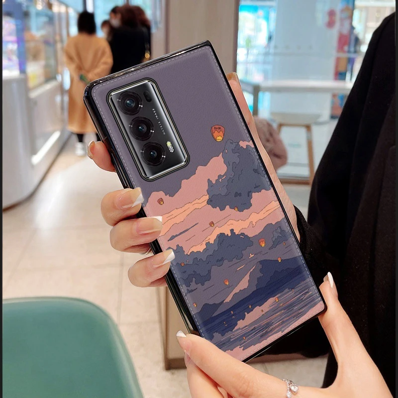 适用荣耀magicv2手机壳自然风景五彩山荣耀MagicV2至臻版折叠皮纹