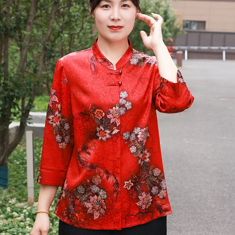 桑蚕丝弹力缎中老年妈妈装女士衬衫高端喜庆婚宴红色中式女装上衣