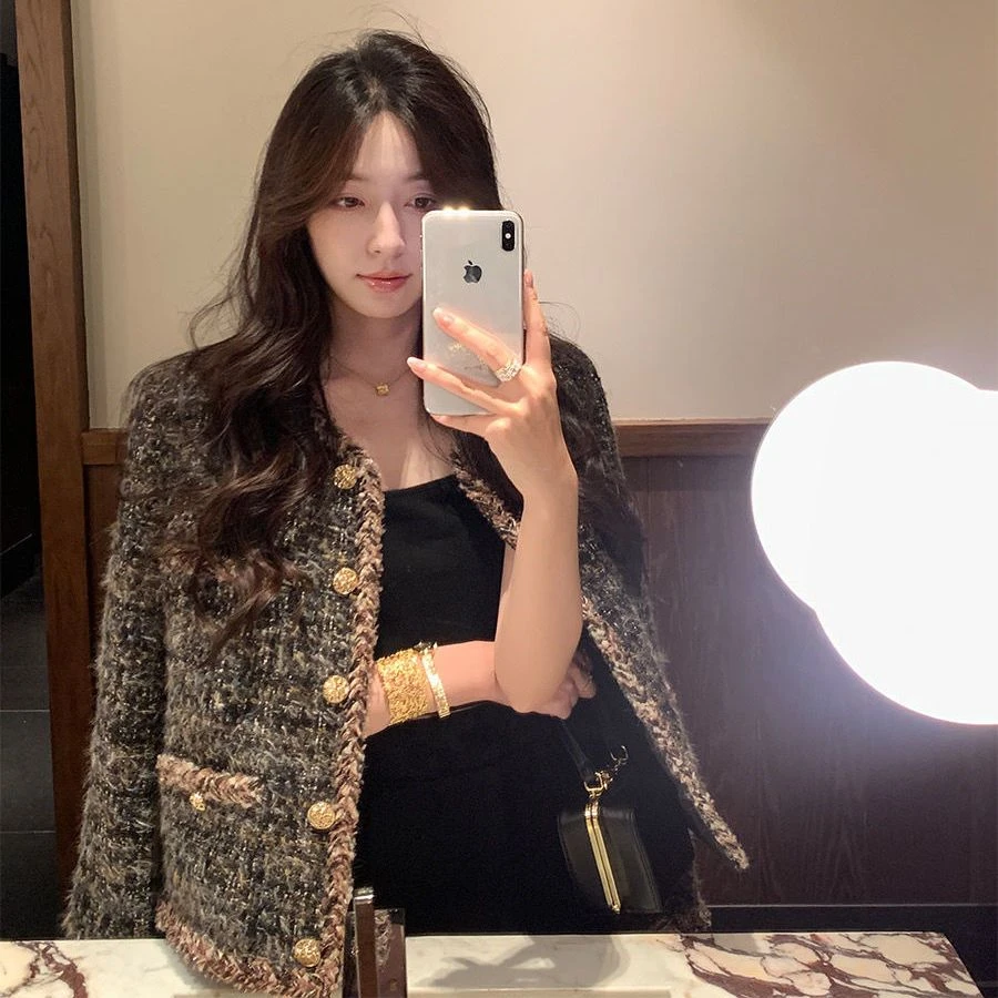 粗花呢编织小香风外套女秋冬新款网红时尚肌理感箱型垫肩短款上衣