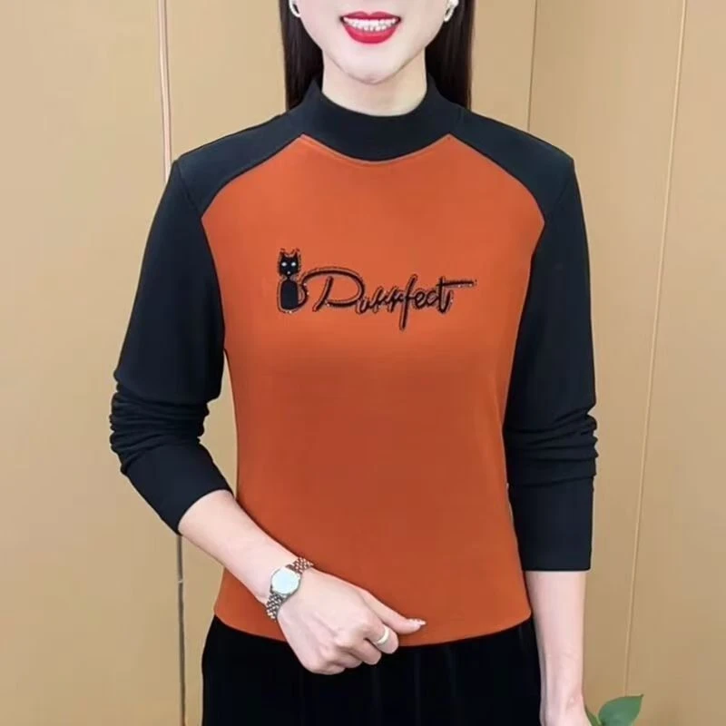 秋冬新款时尚双面绒精致半高领拼接烫钻气质显瘦长袖上衣加厚女装