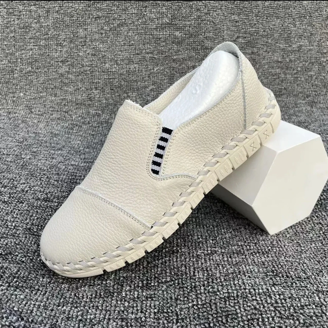 纯手工头层牛皮皮鞋男百搭真皮白色豆豆鞋手工男士爆款正品软底鞋