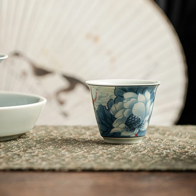 华韵堂兰彩荷花青花瓷小杯容量45ml主人杯家用品茗杯中式复古茶杯