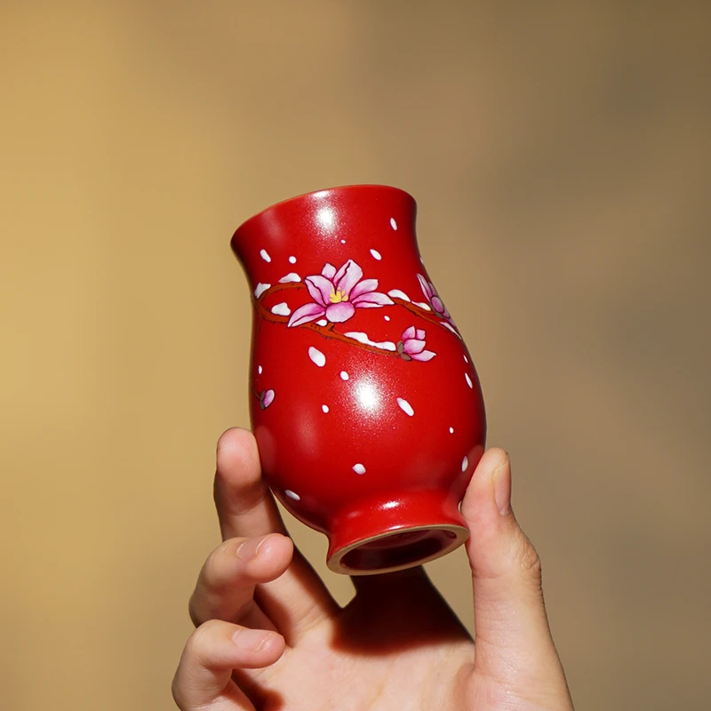 故宫红原矿釉水高温烧制手绘玉兰美人杯醉红颜主人杯纯手工陶瓷