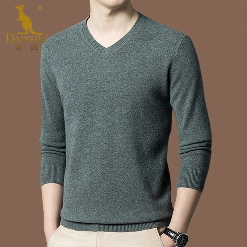 袋鼠时尚V领毛衣男士休闲秋冬款宽松加厚保暖针织打底衫男