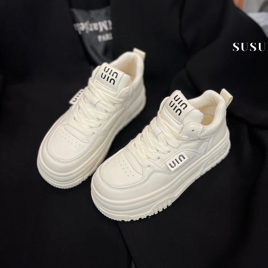 SUSU「奶油板鞋」圆头厚底加绒百搭小白鞋系带高帮板鞋休闲鞋80-2