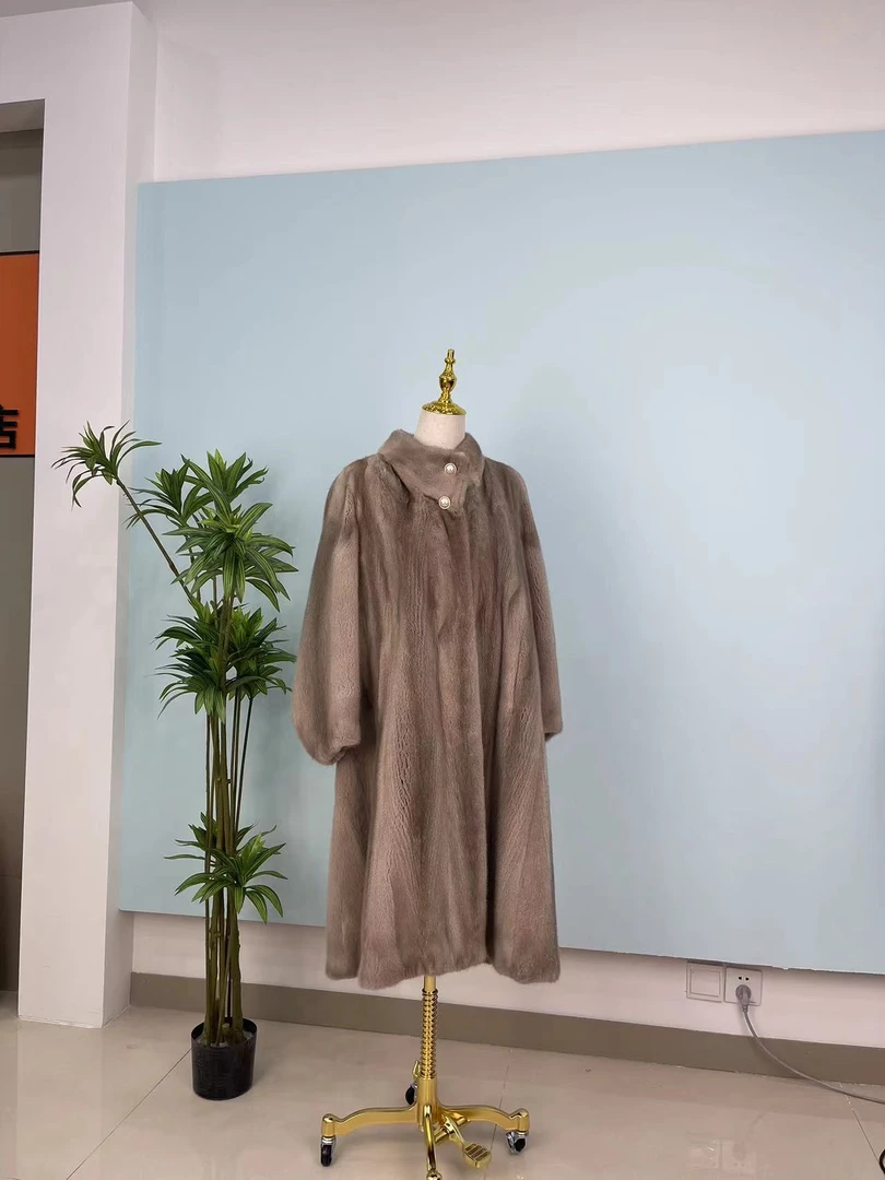 （凯蒂雷尼）银兰本色休闲百搭貂毛外套大衣宽松气质中长款