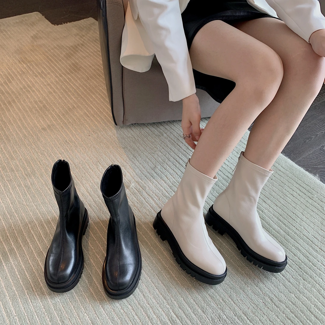 TALIA/特丽雅时尚百搭厚底英伦风中筒方头瘦瘦靴弹力靴92019010X