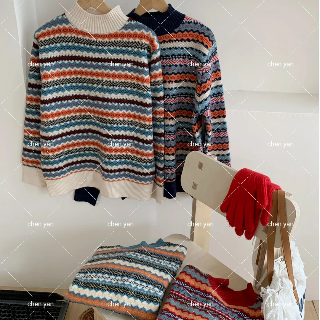 2024秋冬半高领提花条纹韩版宽松上衣加厚拼色套头毛衣女装