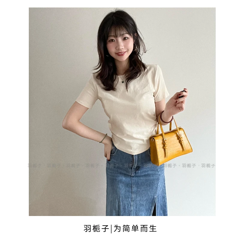 羽栀子｜夏季短款百搭圆领褶皱抽绳休闲纯色显瘦时尚短袖T恤