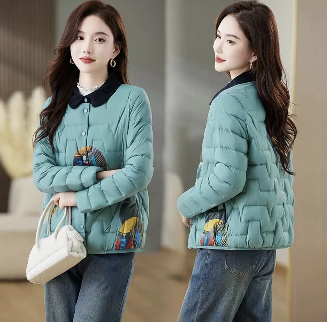 短款常规长袖雪山印花短款小个子修身休闲立领新中式羽绒服