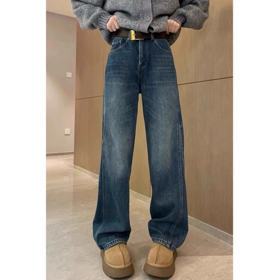 秋冬季新款加绒大码阔腿牛仔裤女显瘦高腰胖mm梨形身材拖地长裤子