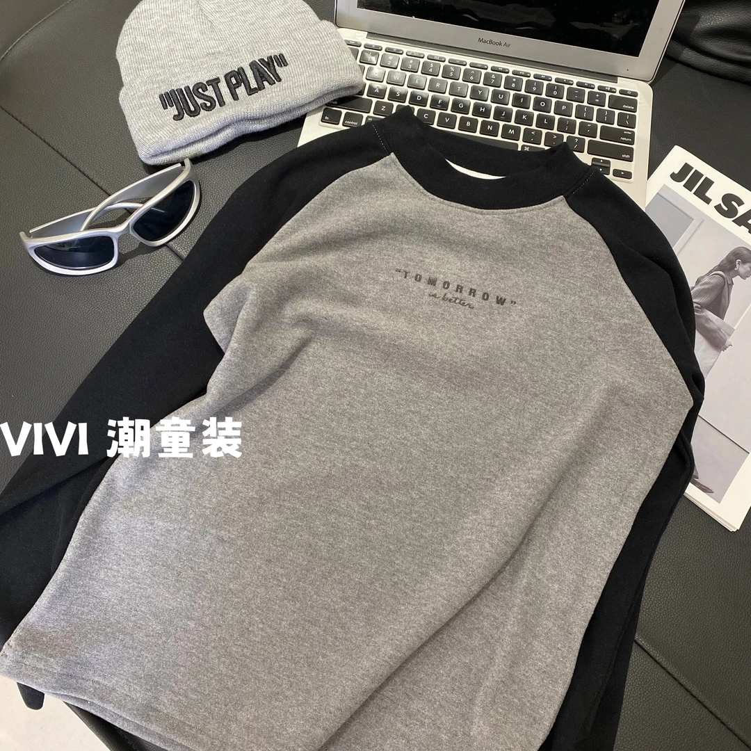 现货VIVI童装冬款中大童时尚休闲百搭保暖拼色字母打底长袖T恤