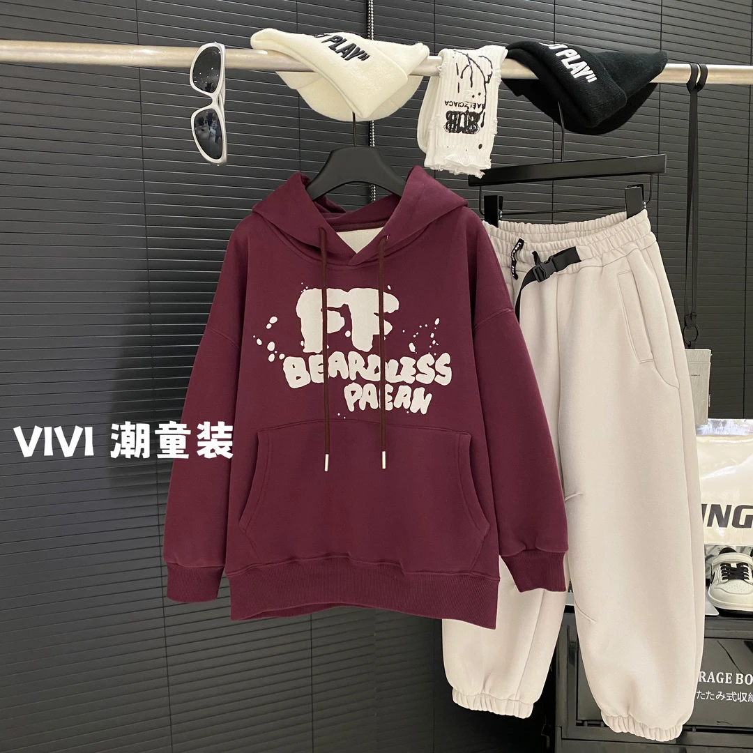 VIVI童装 冬款潮酷中大童酷炫复古水洗连帽加绒卫衣