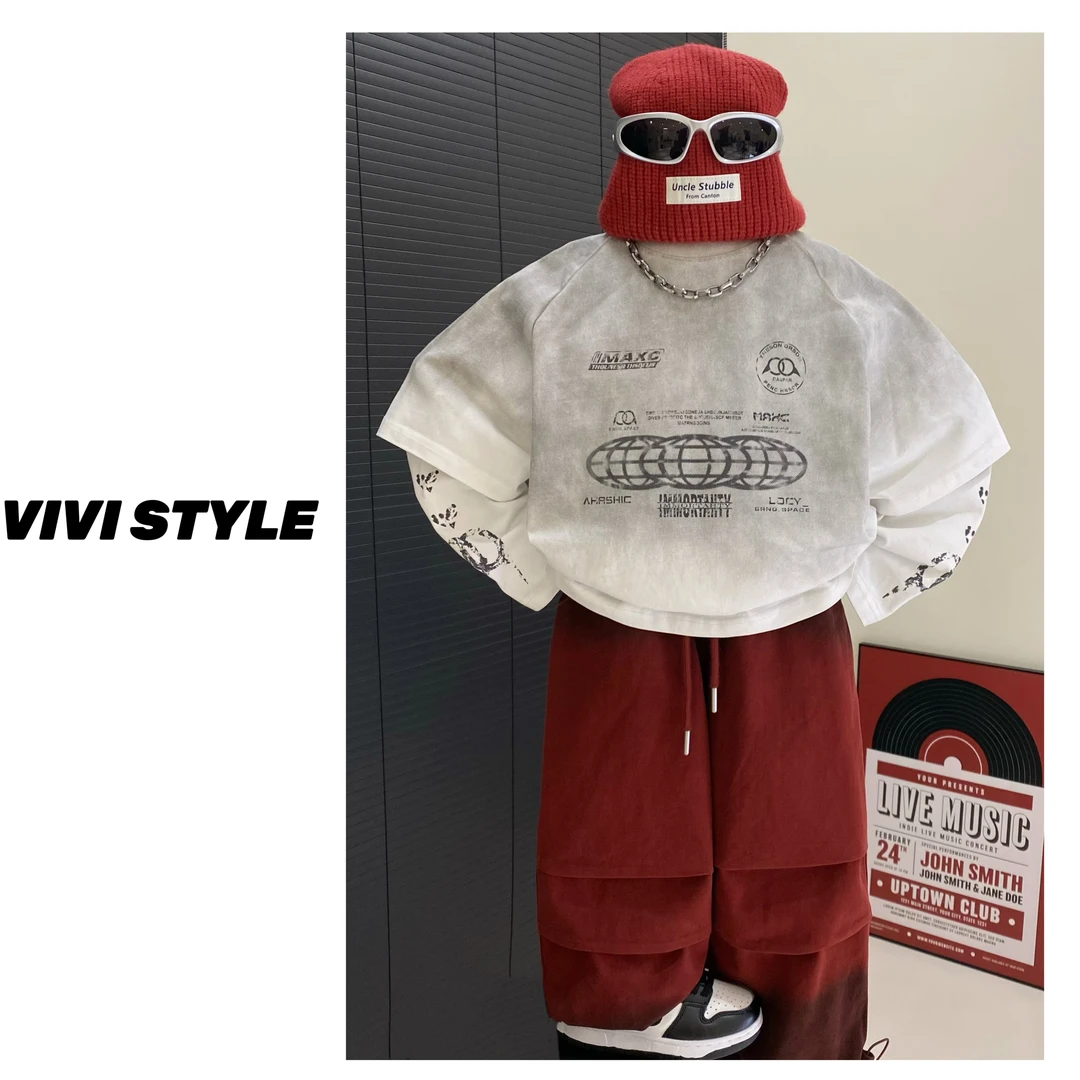 VIVI童装 秋款潮酷水洗复古渐变印花中大童假两件T恤