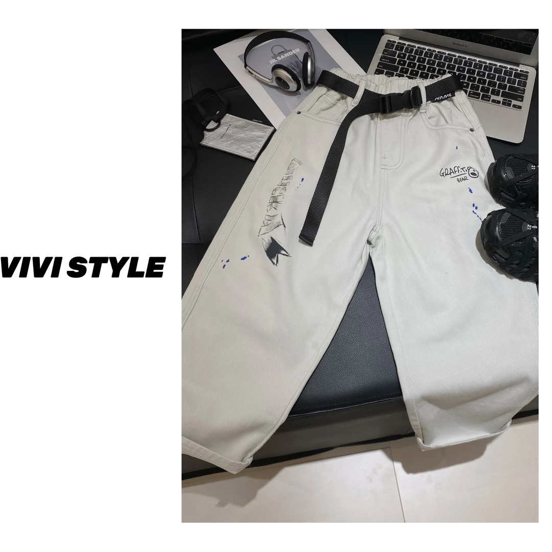 VIVI童装 秋款设计款时尚潮流百搭涂鸦印花灰系牛仔长裤