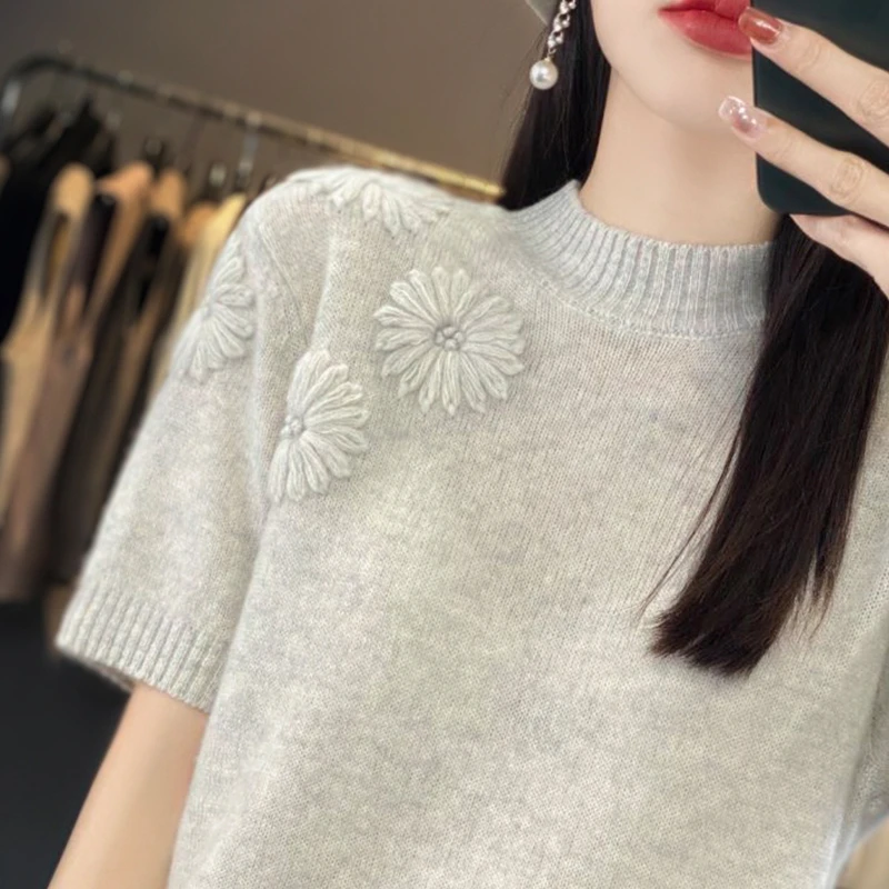 立体手工刺绣100%羊毛短袖女半高领春秋款针织半袖打底毛衣羊毛衫