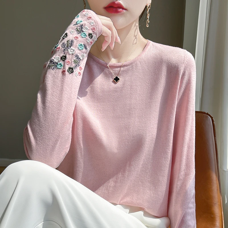 新中式精纺羊毛轻国风立体刺绣提花袖型桑蚕丝长袖女高级气质上衣