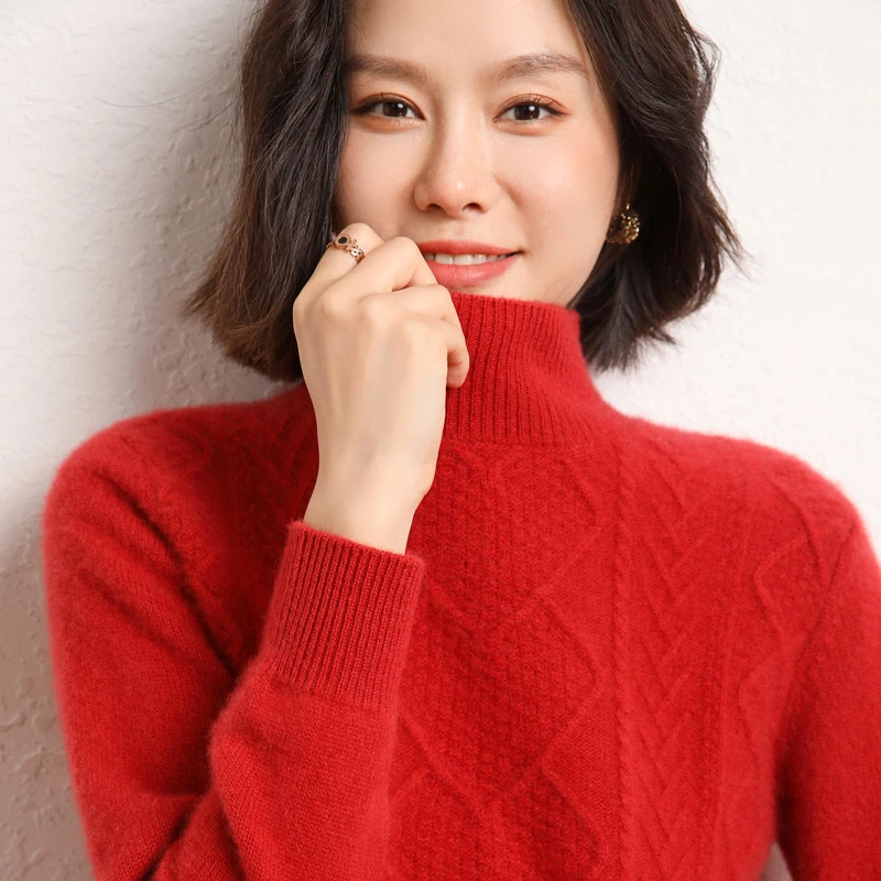 羊毛衫女士半高领纯色提花针织衫毛衣秋冬新款羊毛套头打底衫上衣
