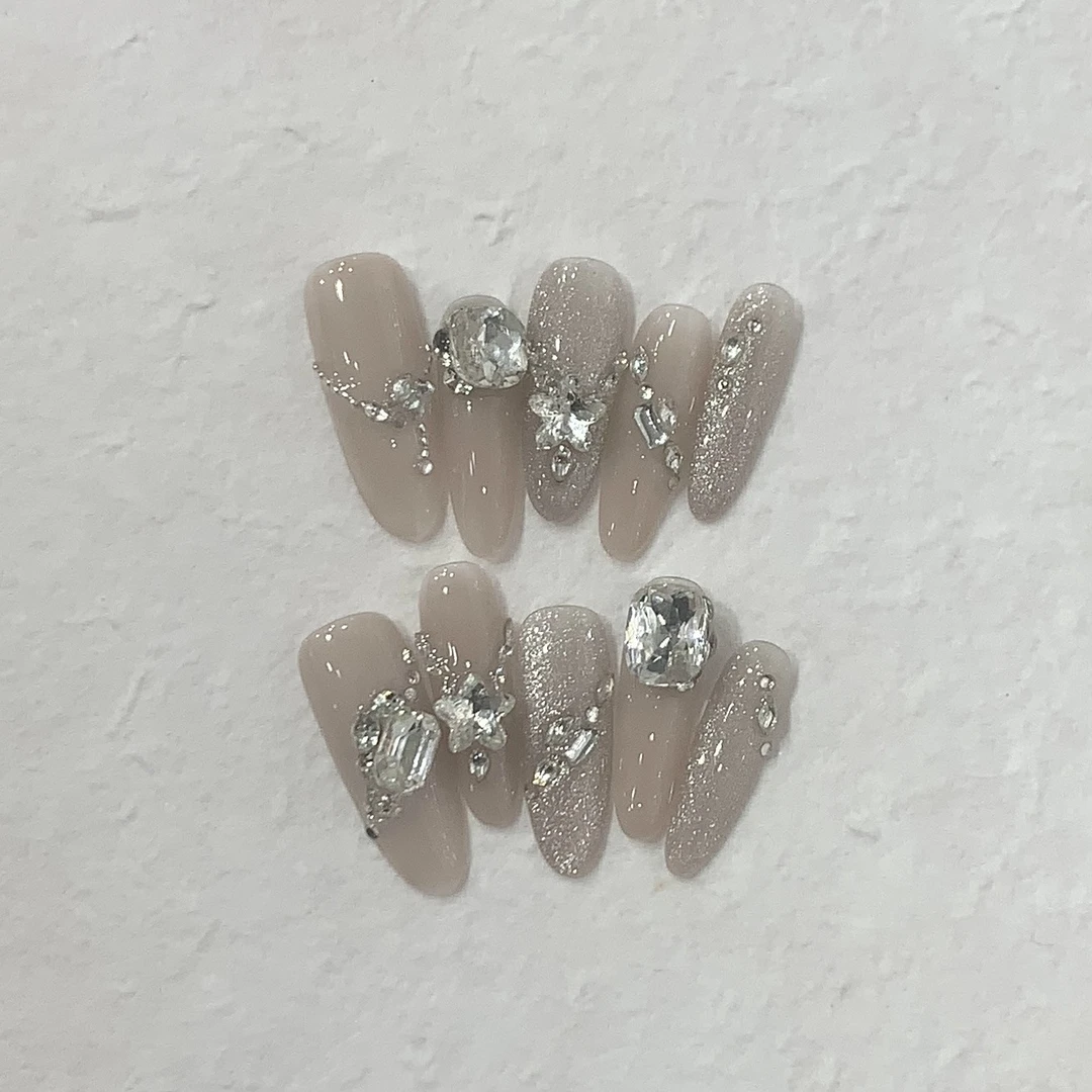 【花海】纯手工穿戴甲爆闪亮晶晶猫眼斜边花花钻