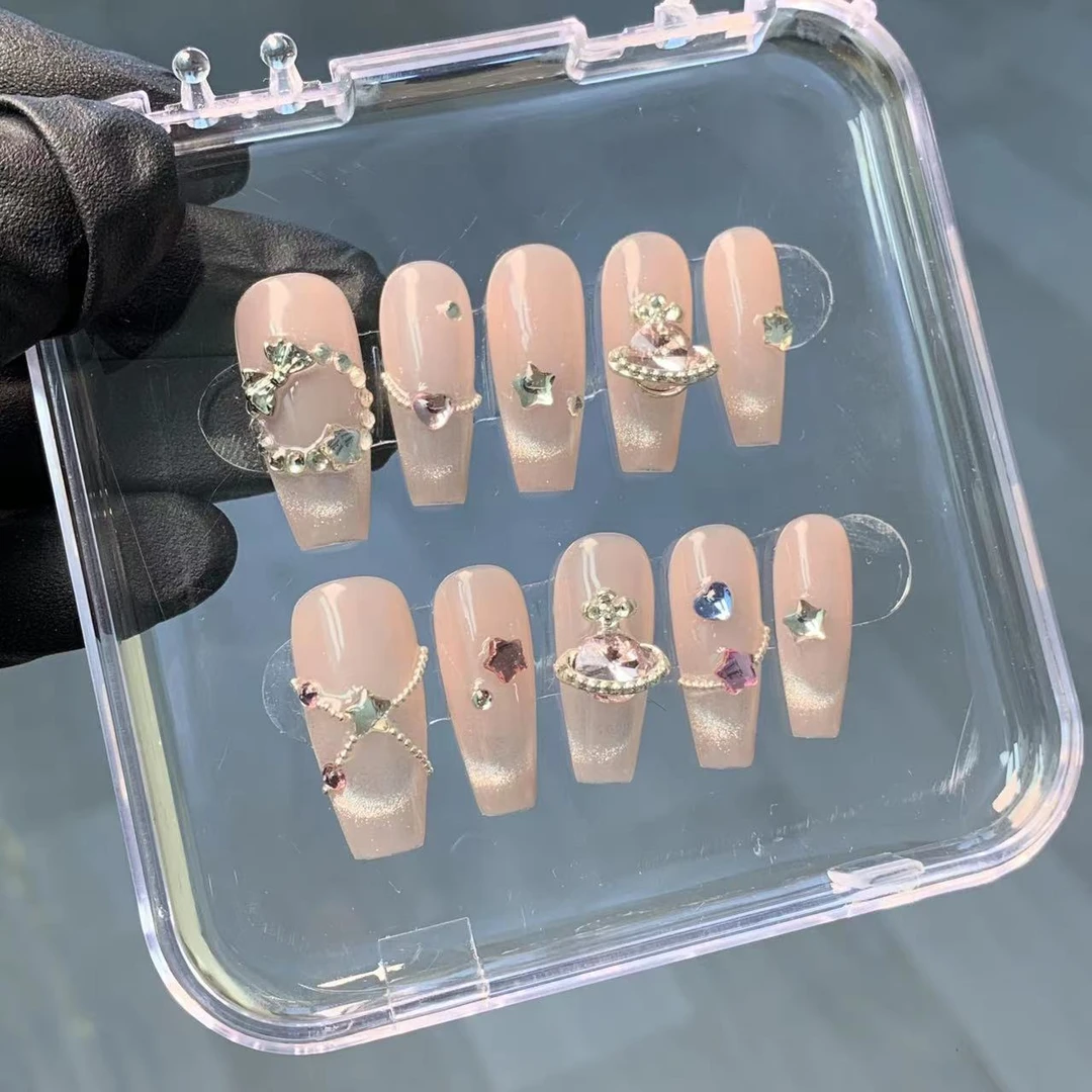 【猫眼星球】纯手工穿戴甲法式星球猫眼粉色美甲防水可拆卸指甲贴