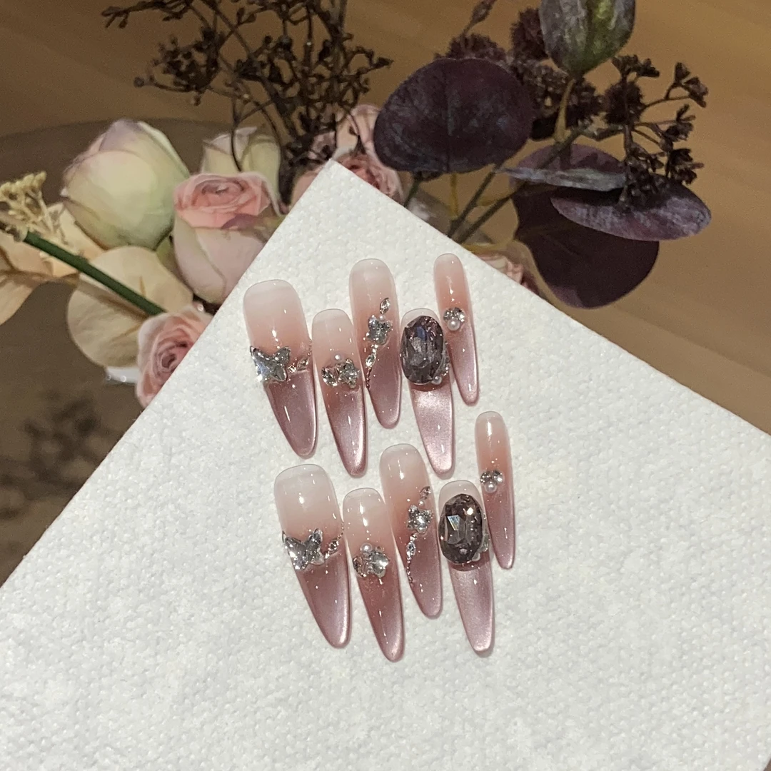 【九紫离火】纯欲粉色渐变侧光猫眼斜边碎钻K9椭圆钻纯手工美甲指甲