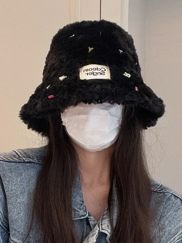冬季保暖可爱甜美出游显脸小渔夫帽女休闲百搭毛绒黑色网红盆帽潮
