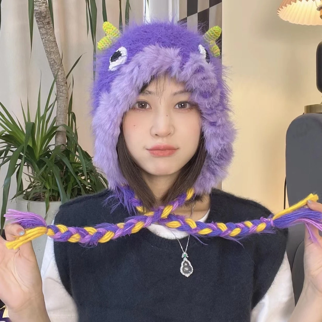 冬季保暖加绒加绒甜美可爱雷锋帽女搞怪时尚减龄学生护耳帽针织帽