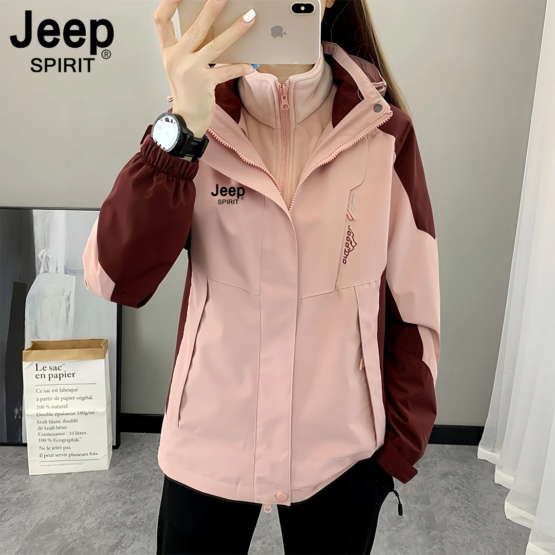 JEEP三合一冲锋衣男女款防风可拆卸户外飞行夹克冬季加绒加厚外套