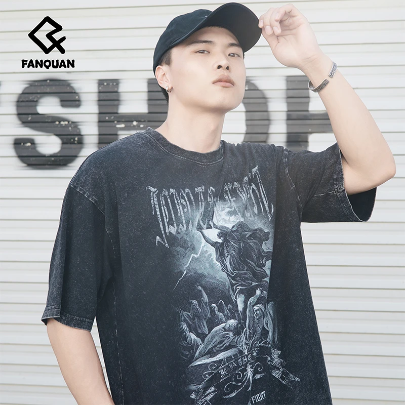 梵圈潮牌纯棉美式高街重磅T恤水洗做旧宽松个性印花短袖打底上衣