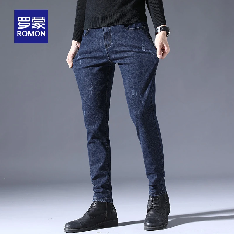 罗蒙男士修身小脚裤2023春秋新款时尚休闲牛仔裤中青年弹力长裤男