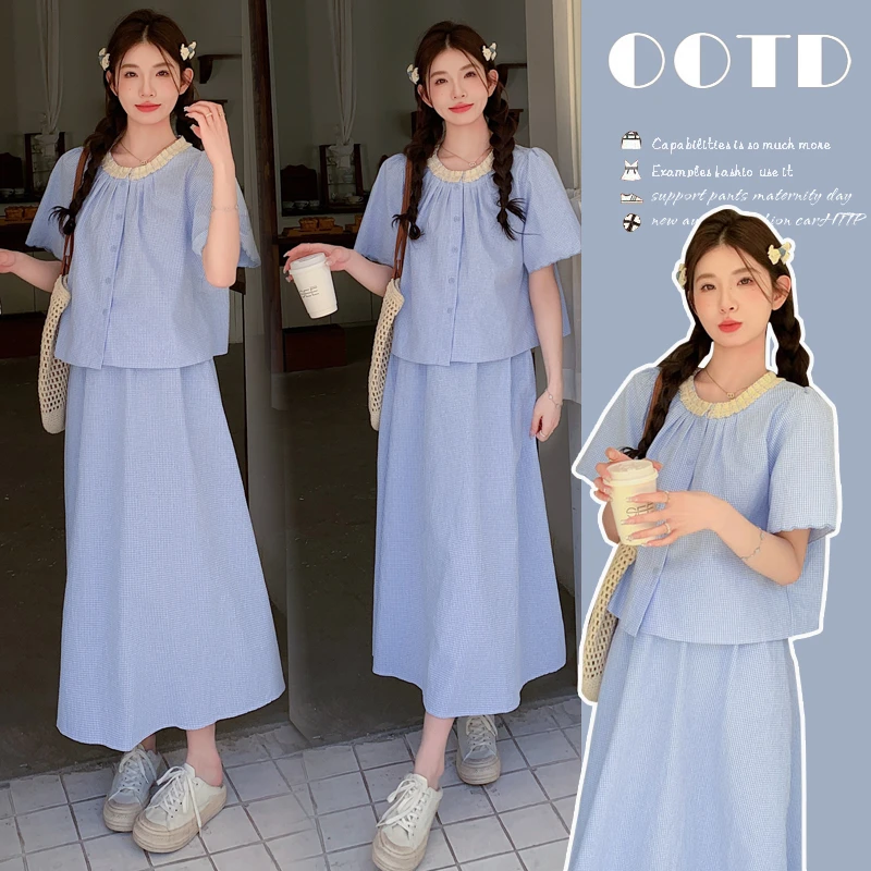 孕妇装夏季新款套装领口花边复古格子减龄衬衫宽松遮肚休闲半身裙