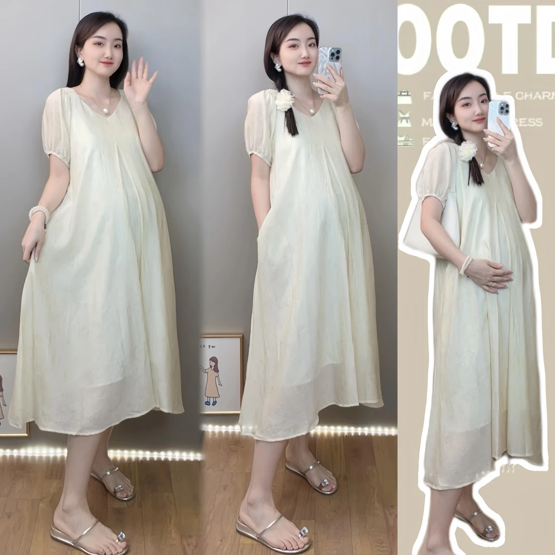 【橙子】夏季孕期裙子韩版气质潮妈孕妇连衣裙简约高级感V领长裙