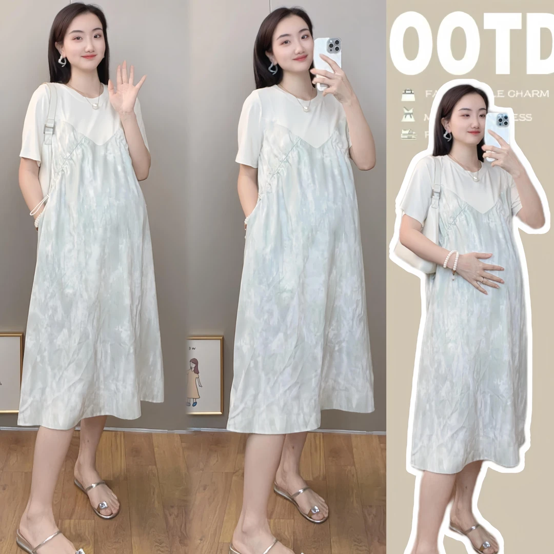 孕妇假两件拼接扎染短袖连衣裙宽松显瘦设计感气质孕期中长款裙子