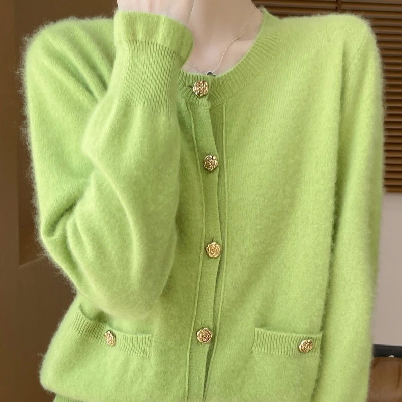 秋冬新款100羊毛衫小香风两兜玫瑰扣开衫女通勤休闲针织圆领外套