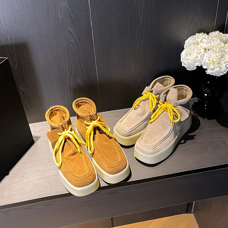 复古袋鼠靴系带增高厚底纯手工女鞋2024秋冬新款真皮港风马丁靴女