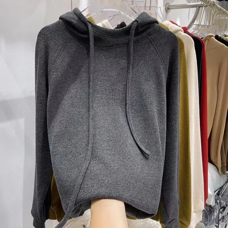 欧货加厚双面德绒连帽卫衣女秋冬保暖磨毛内搭遮肉显瘦慵懒打底衫