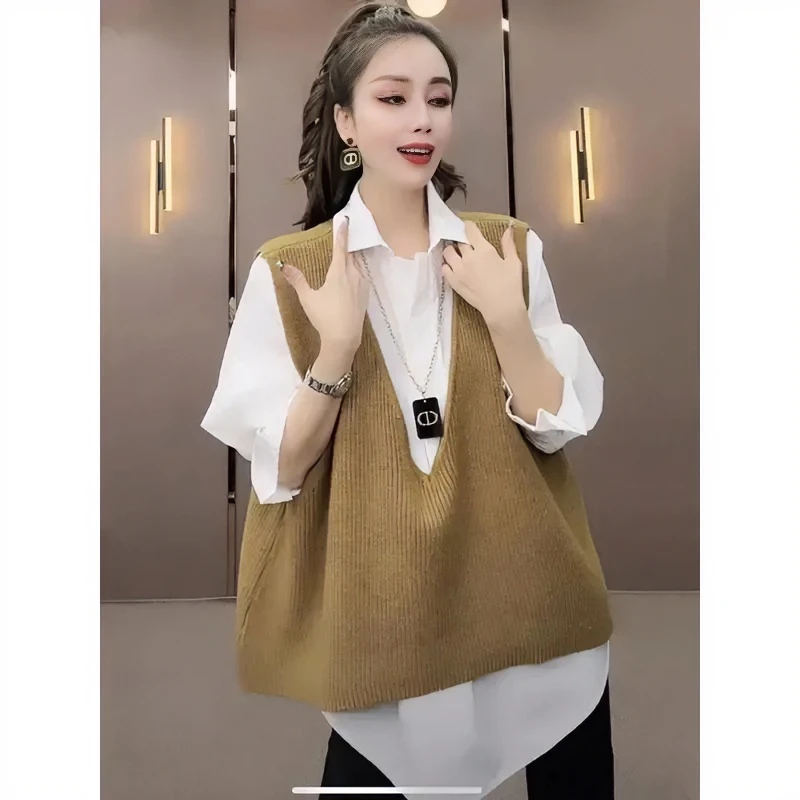 时尚百搭宽松网红翻领春秋衬衫套装减龄外穿针织马甲宽松两件套女