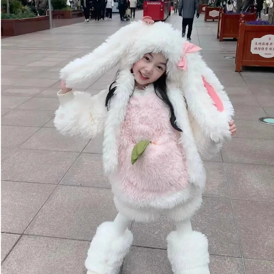 女童毛绒兔子套装秋冬季毛毛衣可爱女宝宝洋气保暖儿童加厚网红