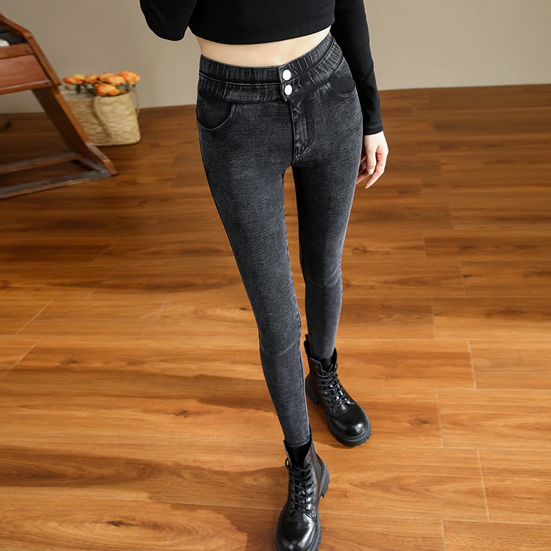 高腰灰色牛仔裤2023年新款女春秋紧身弹力显瘦九分小脚铅笔小黑裤