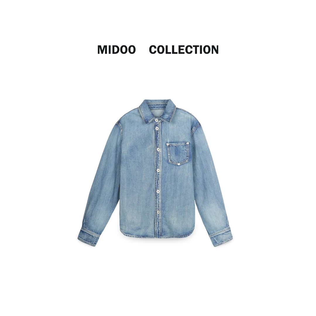 MIDOO 别致复古风2024 早春单排扣水洗做旧牛仔衬衫
