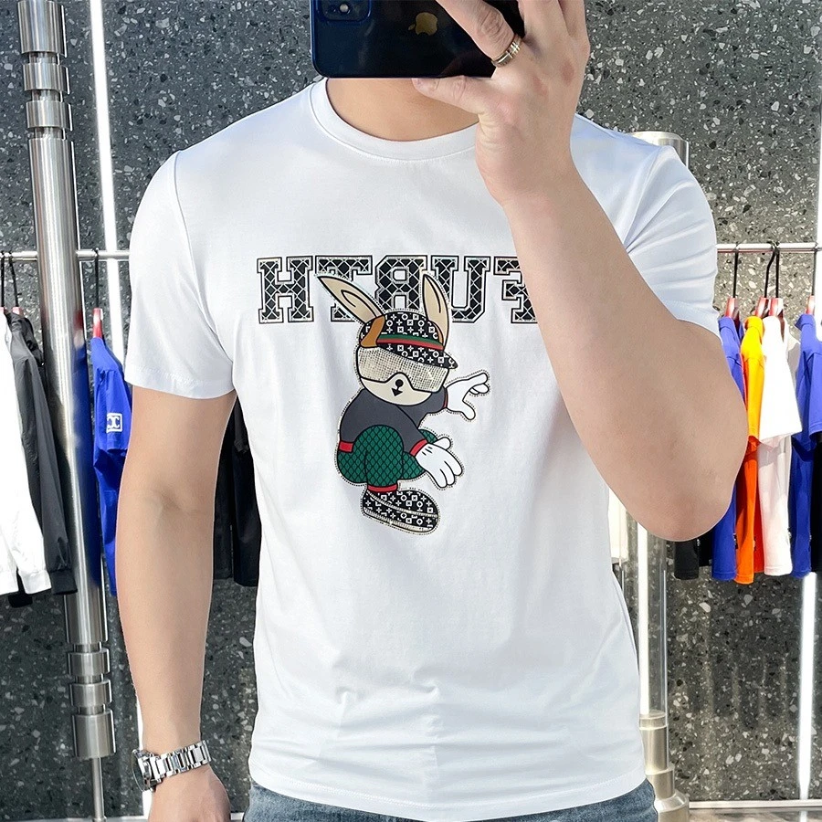 轻奢欧货夏季新款兔子烫钻丝光棉短袖t恤男士潮流休闲修身上衣服